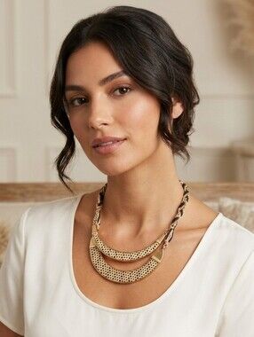 Chicos Gold-Tone Double Crescent Reversible Necklace Black Enamel & Cream Polka